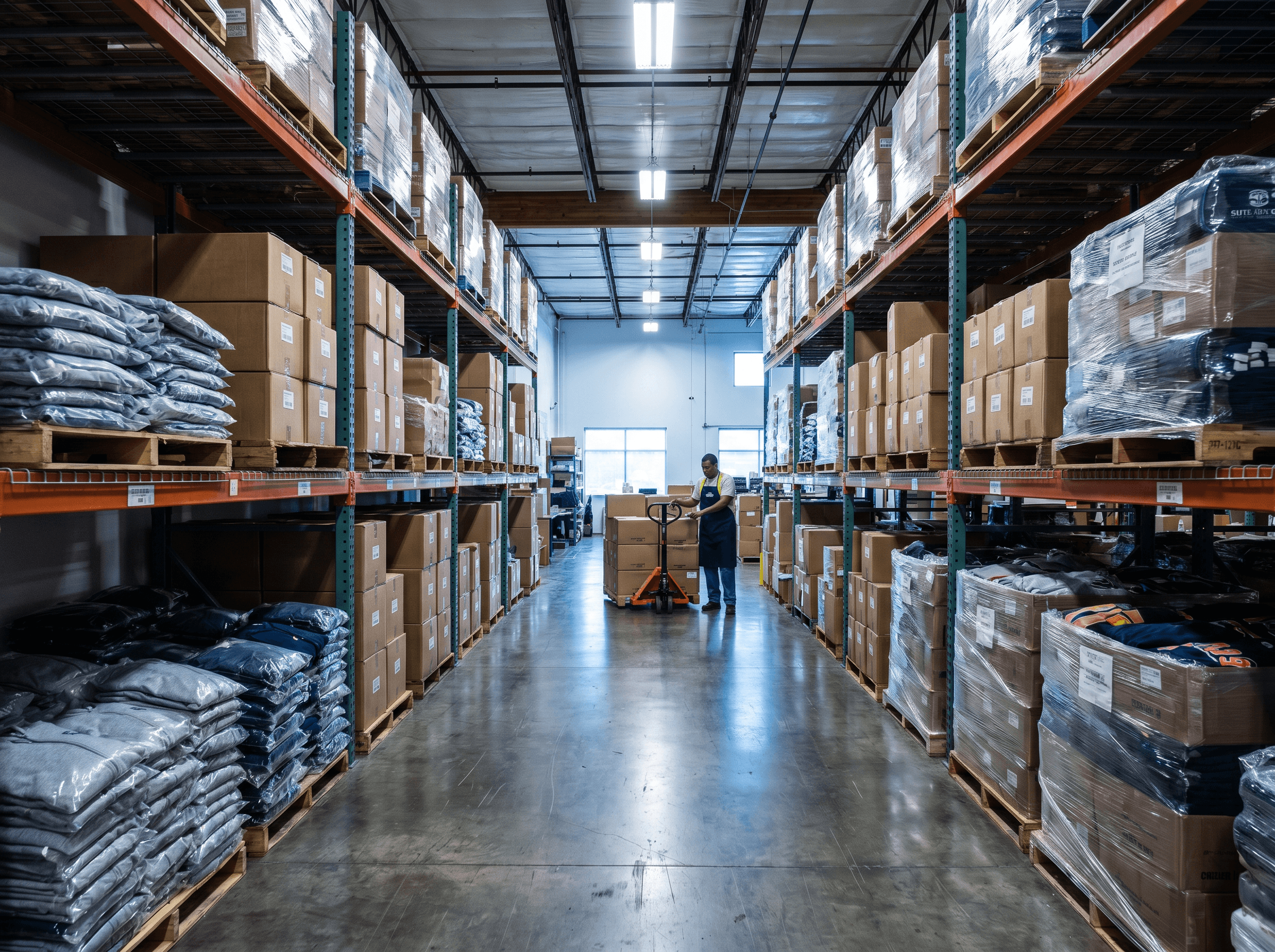 An ActivateSwag warehouse aisle in Miami with labeled shelving and inventory bins ready for kitting and outbound fulfillment.