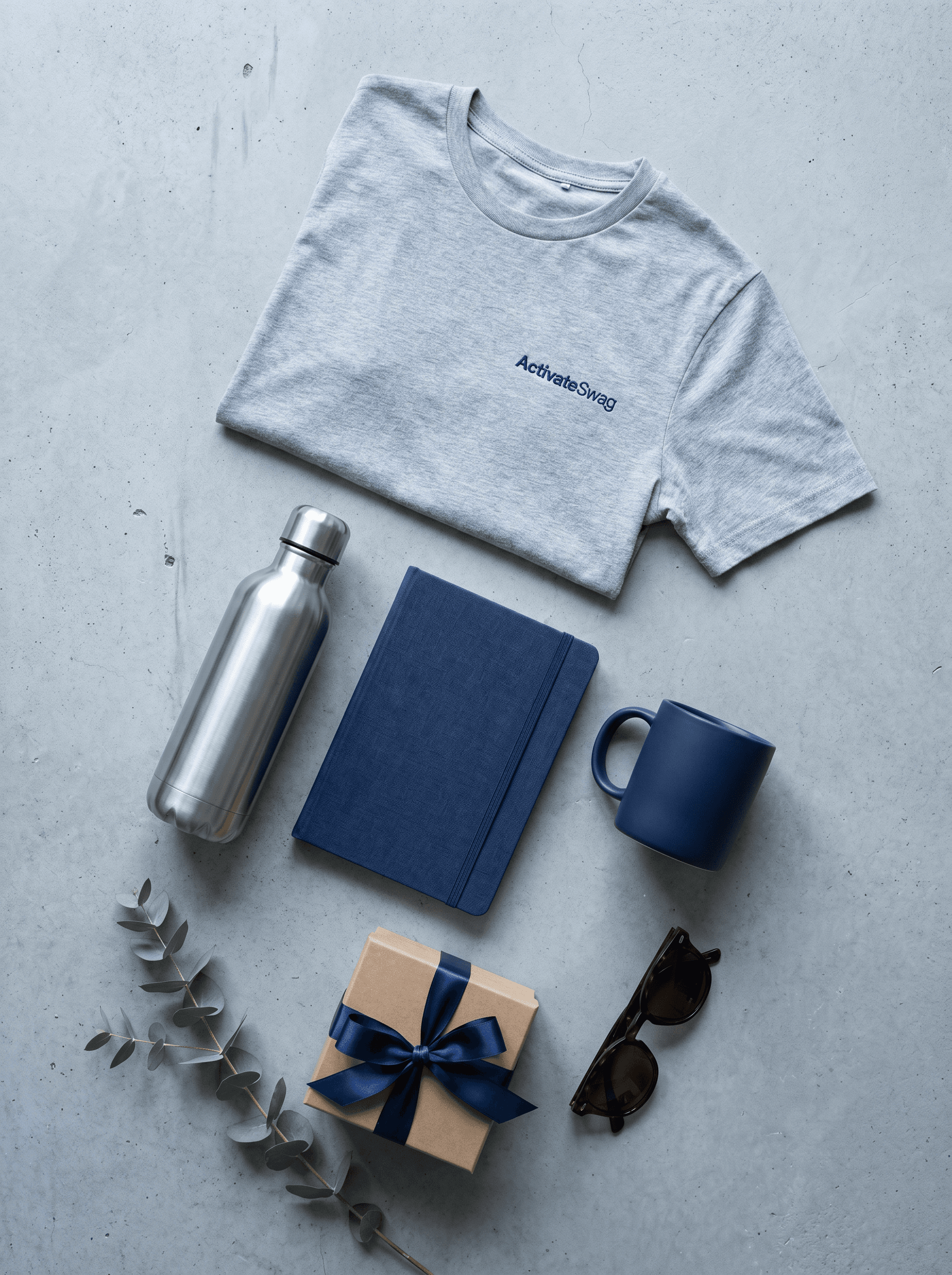 Editorial flat-lay of a finished ActivateSwag welcome kit on a clean off-white linen surface — folded heather t-shirt, navy ceramic mug, hardcover notebook, brushed-steel water bottle, and a small kraft gift box.