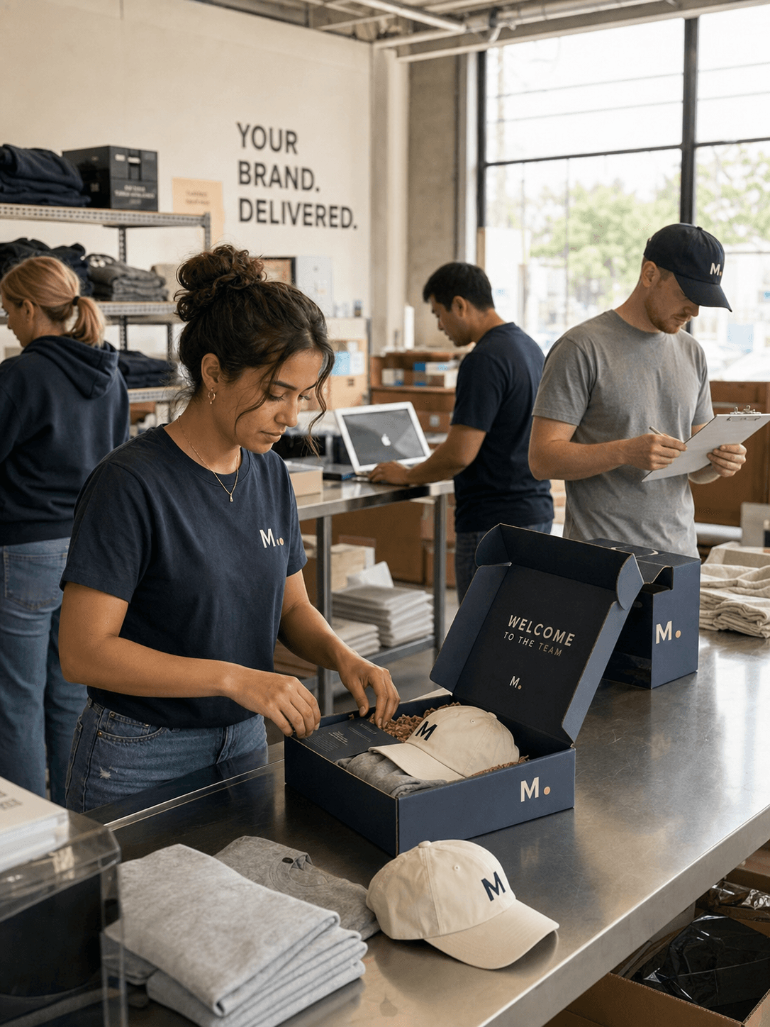 Candid natural-light photo of the ActivateSwag production team at work in the Miami warehouse: one team member assembling a navy welcome kit box on a stainless steel work table, another checking a printed spec sheet on a clipboard, another reviewing on a laptop, with folded merchandise and shipping boxes on shelving behind them.