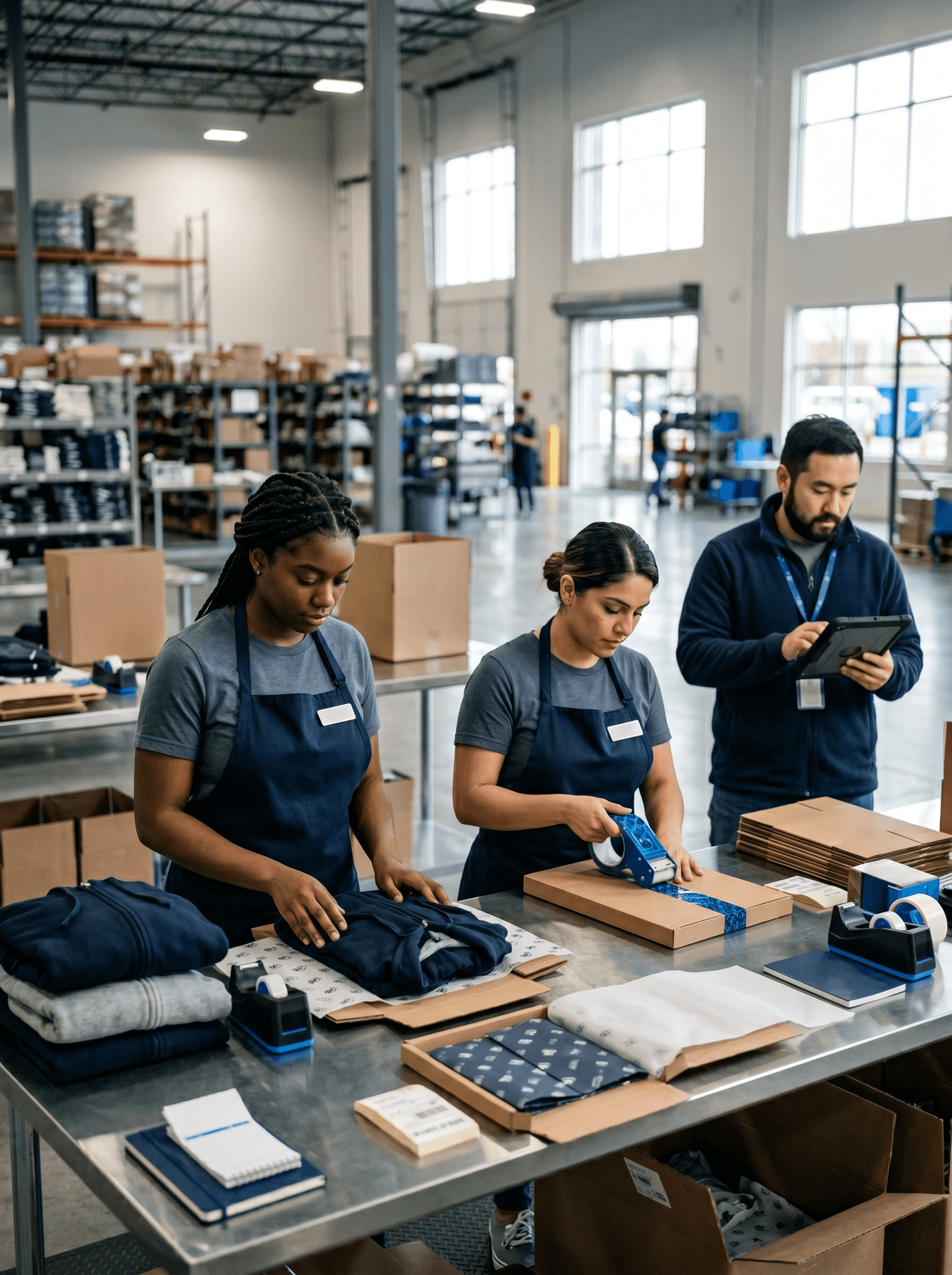 Three ActivateSwag warehouse workers in navy aprons packing folded apparel and branded kits at a steel table on the Miami kitting floor.