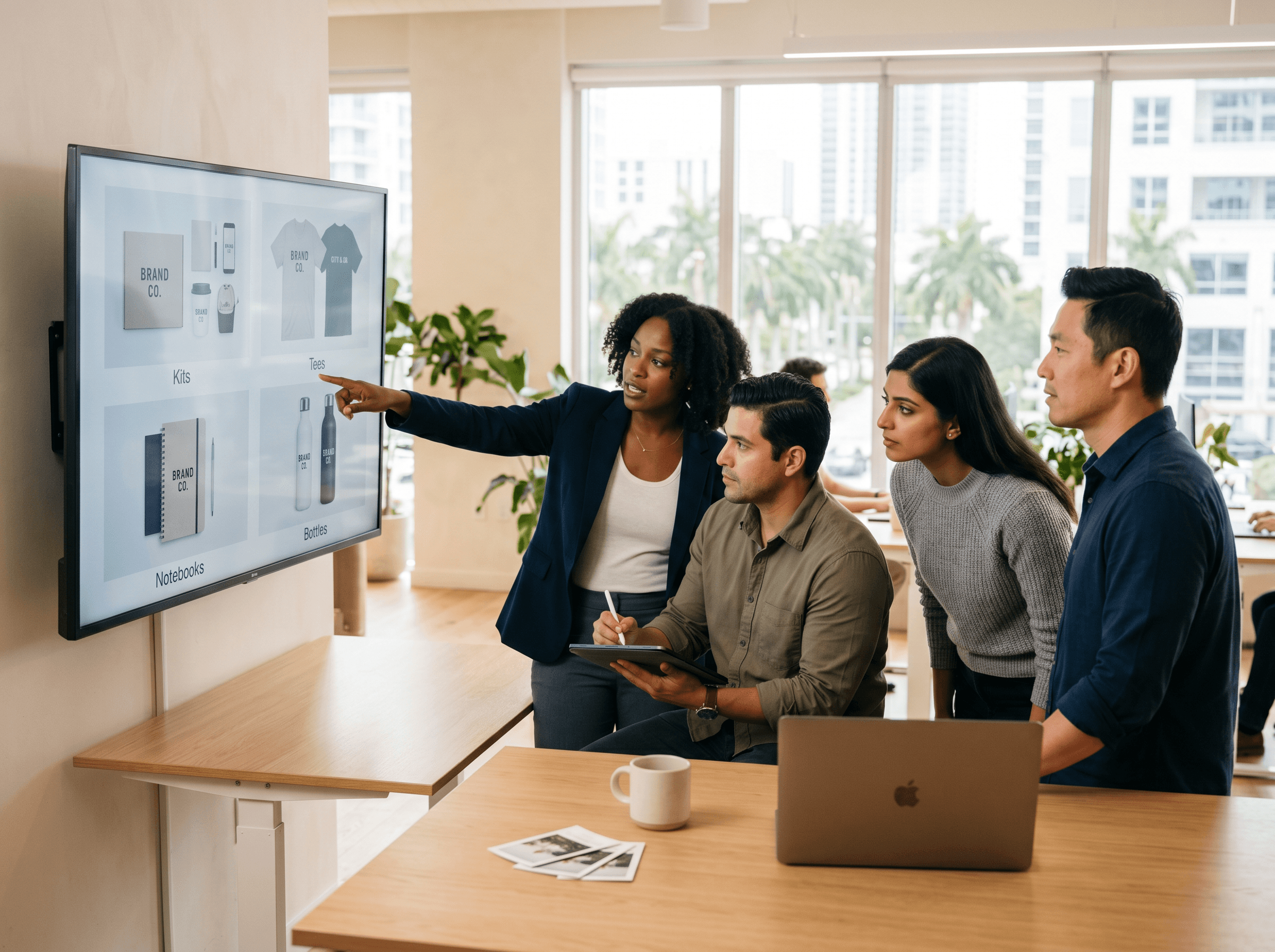 A diverse ActivateSwag team collaborates around a monitor in a sunlit Miami office.