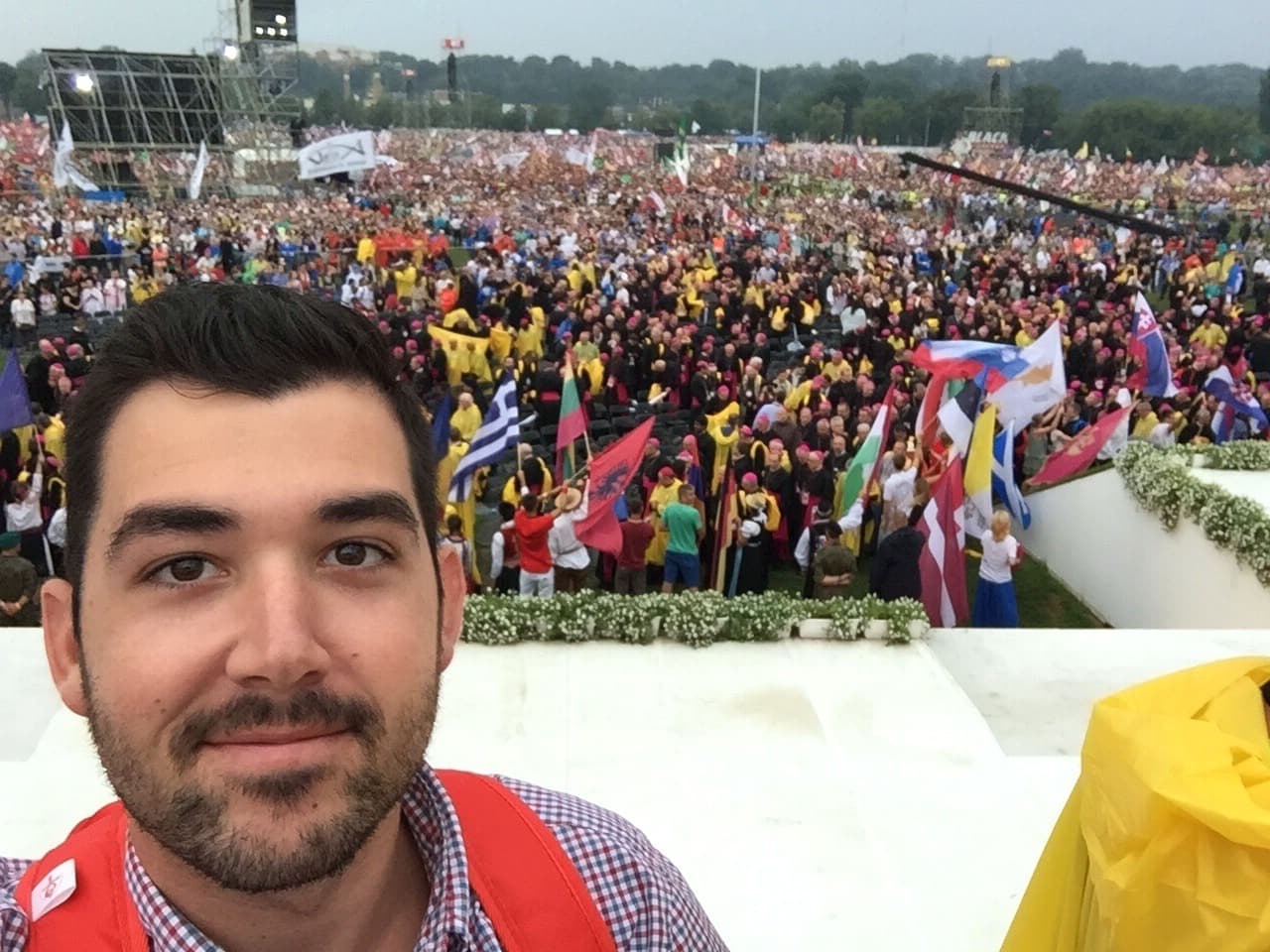 View from the World Youth Day stage in Krakow — ActivateSwag's founder facing two million pilgrims and flags from 187 countries.