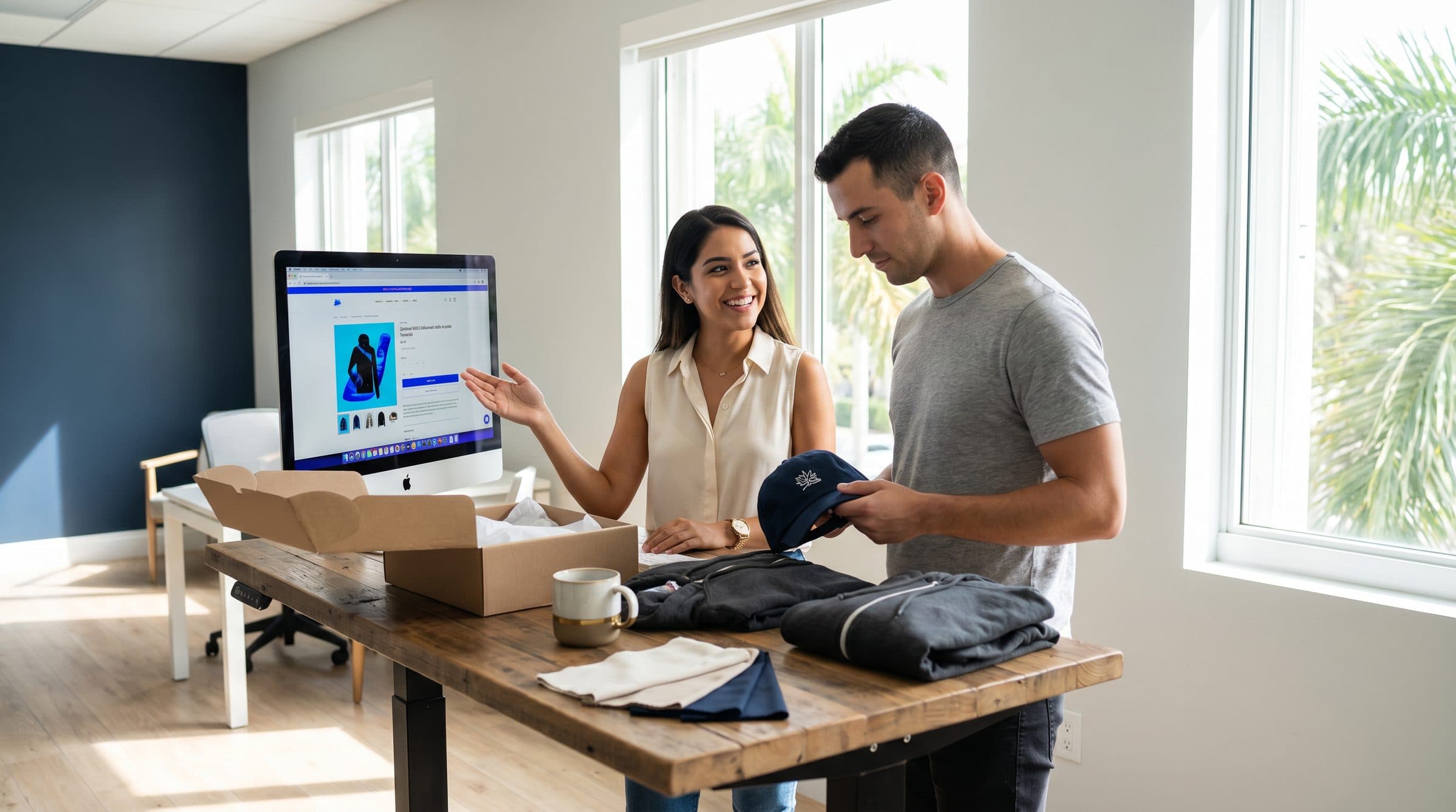 Two teammates at a Miami standing desk reviewing a product page on an iMac, with a navy embroidered cap and folded charcoal hoodies on the desk.
