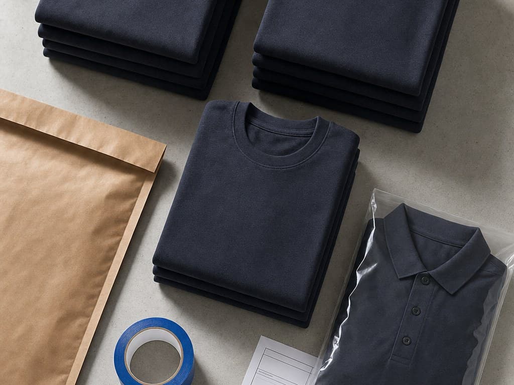 Overhead flat-lay of a finished apparel run — folded navy tees, a polybagged polo, kraft mailer, shipping label, and blue packing tape on a clean surface