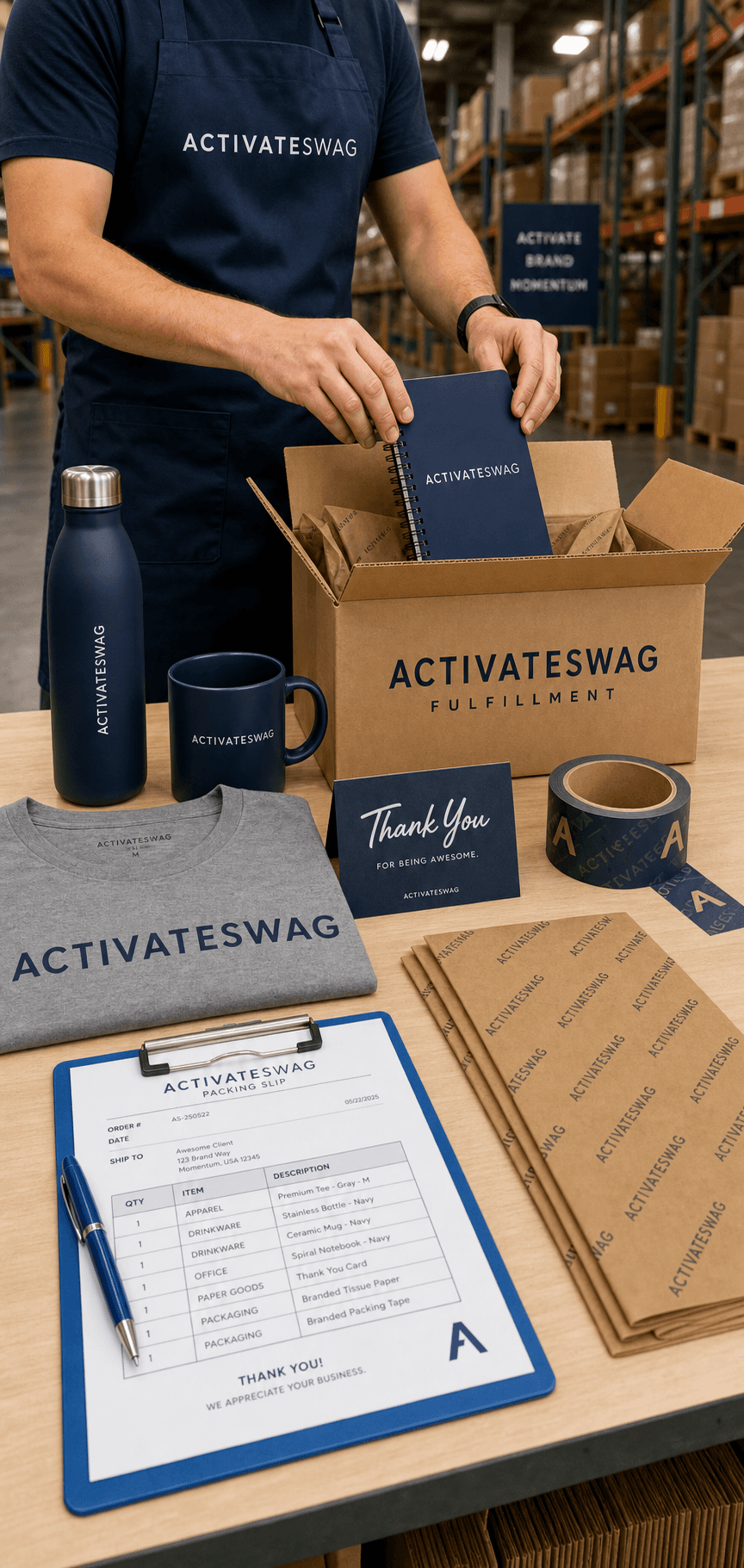 Worker hand-packing an ActivateSwag-branded fulfillment box with branded merchandise