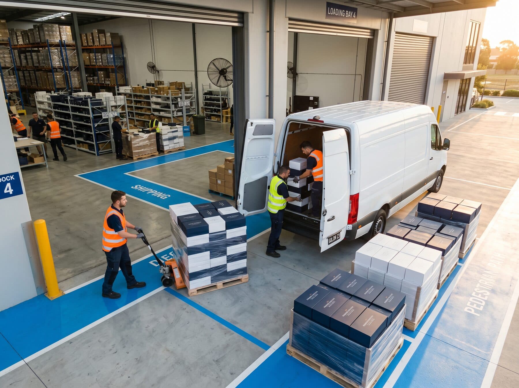 Branded gift boxes being loaded onto a delivery van at a fulfillment shipping dock